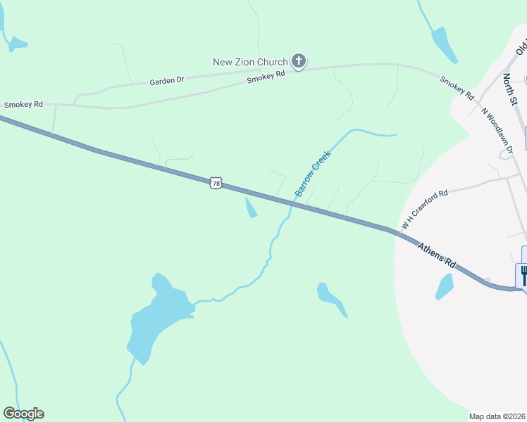 map of restaurants, bars, coffee shops, grocery stores, and more near 1387 Athens Road in Crawford