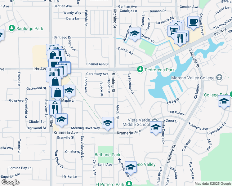 map of restaurants, bars, coffee shops, grocery stores, and more near in Moreno Valley