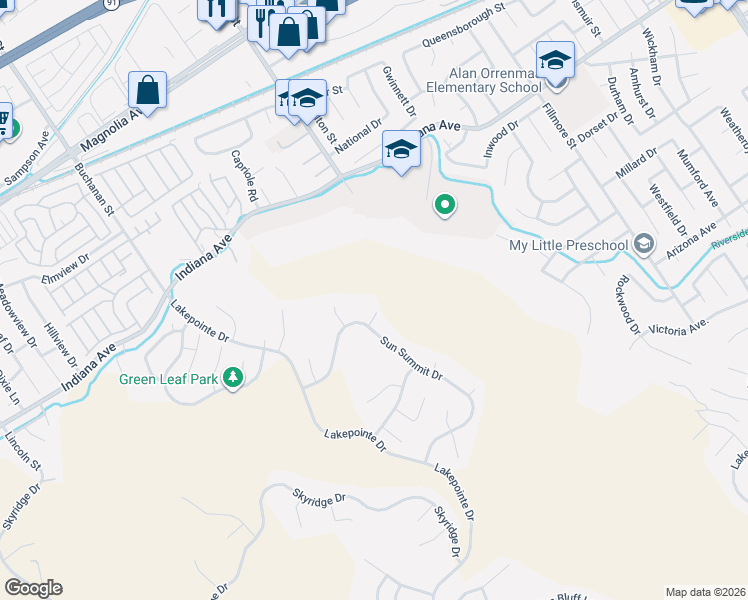 map of restaurants, bars, coffee shops, grocery stores, and more near 16285 Moon Bow Court in Riverside