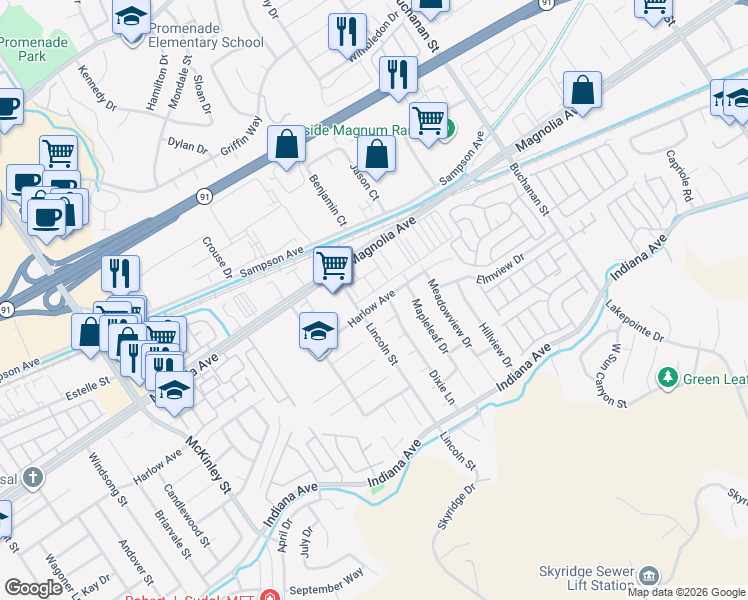 map of restaurants, bars, coffee shops, grocery stores, and more near 12680 Harlow Avenue in Riverside