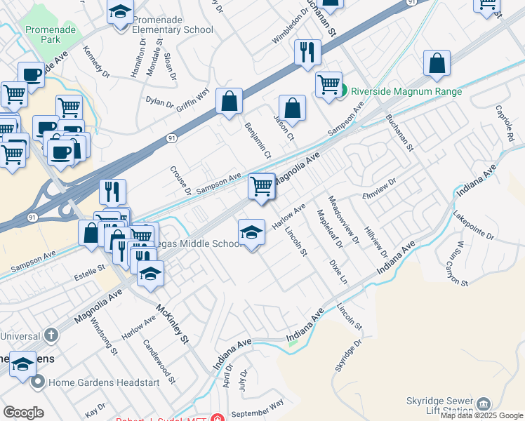 map of restaurants, bars, coffee shops, grocery stores, and more near 12725 Harlow Avenue in Riverside
