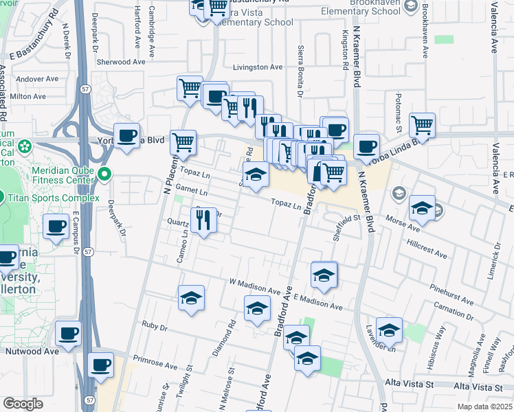 map of restaurants, bars, coffee shops, grocery stores, and more near 3232 Topaz Ln in Fullerton