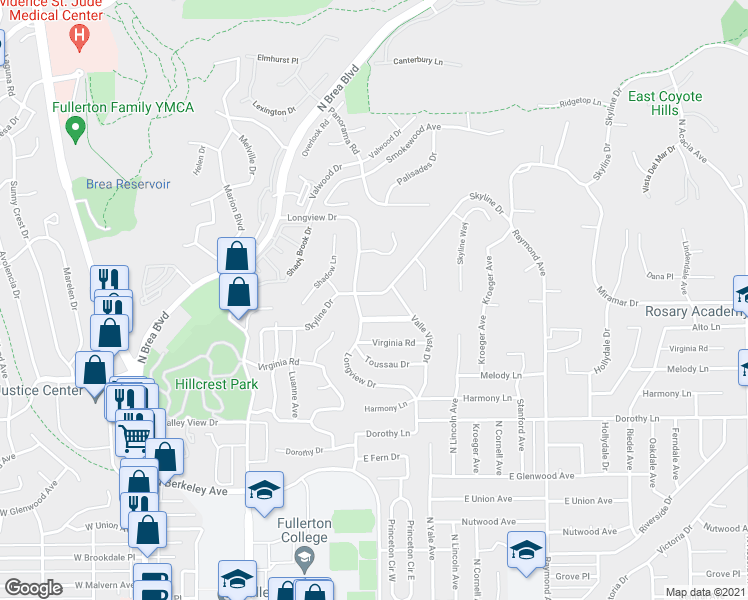 map of restaurants, bars, coffee shops, grocery stores, and more near 701 Miramar Drive in Fullerton