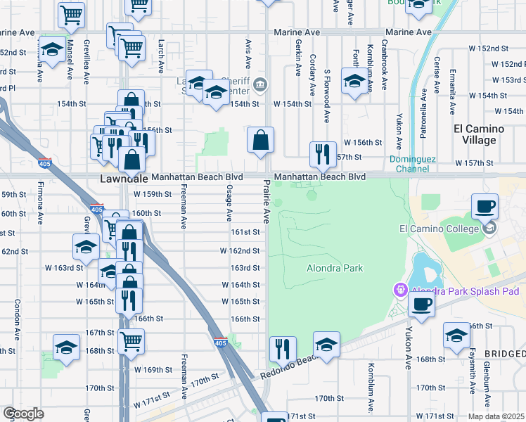 map of restaurants, bars, coffee shops, grocery stores, and more near 16015 Prairie Avenue in Lawndale