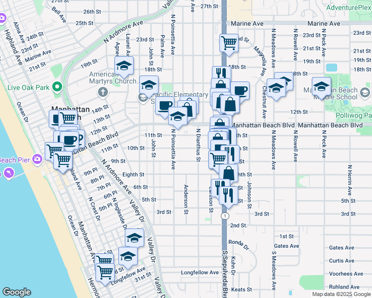 map of restaurants, bars, coffee shops, grocery stores, and more near 921 9th Street in Manhattan Beach