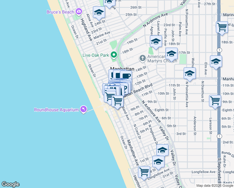 map of restaurants, bars, coffee shops, grocery stores, and more near in Manhattan Beach