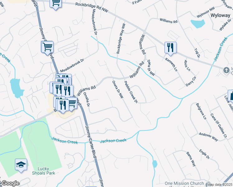 map of restaurants, bars, coffee shops, grocery stores, and more near 751 Oneta Drive Northwest in Norcross