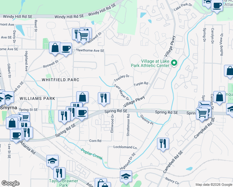 map of restaurants, bars, coffee shops, grocery stores, and more near 1783 Timber Valley Way Southeast in Smyrna