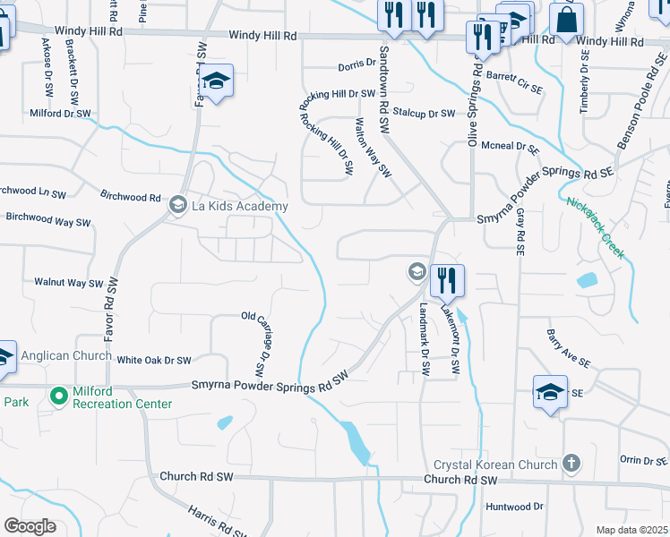 map of restaurants, bars, coffee shops, grocery stores, and more near 189 Timber Creek Lane Southwest in Marietta