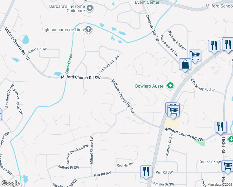 map of restaurants, bars, coffee shops, grocery stores, and more near 3067 Milford Chase Southwest in Marietta