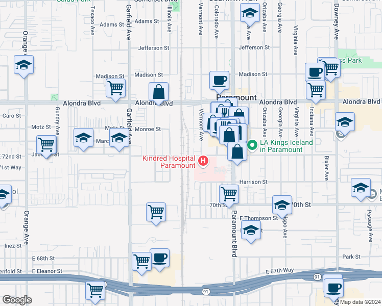 map of restaurants, bars, coffee shops, grocery stores, and more near 7757 Jackson Street in Paramount
