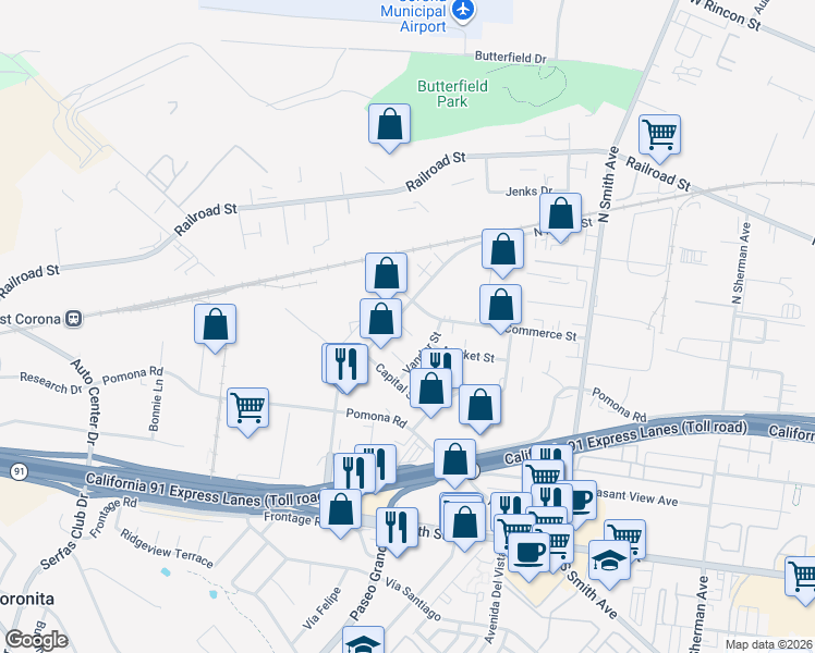 map of restaurants, bars, coffee shops, grocery stores, and more near 169 North Maple Street in Corona