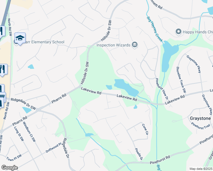 map of restaurants, bars, coffee shops, grocery stores, and more near 1429 Lakeview Road in Grayson