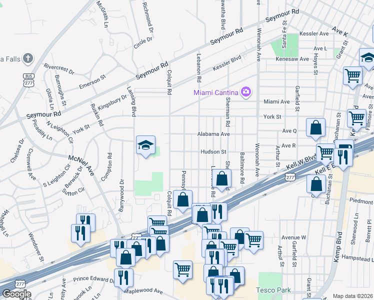 map of restaurants, bars, coffee shops, grocery stores, and more near 2804 Pennsylvania Road in Wichita Falls