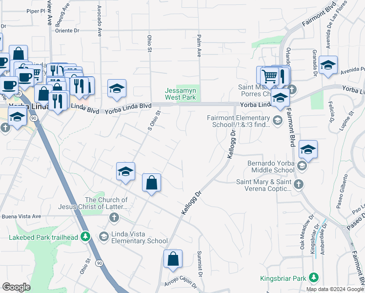 map of restaurants, bars, coffee shops, grocery stores, and more near 5072 Grandview Avenue in Yorba Linda