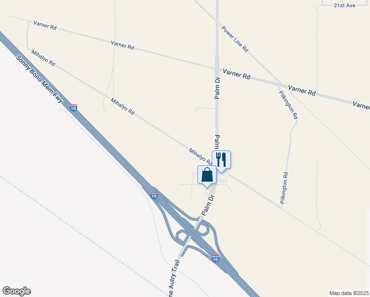 map of restaurants, bars, coffee shops, grocery stores, and more near Mihalyo Road in Desert Hot Springs