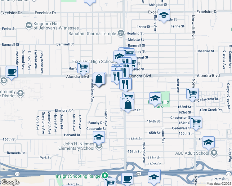 map of restaurants, bars, coffee shops, grocery stores, and more near 16031 Pioneer Boulevard in Norwalk