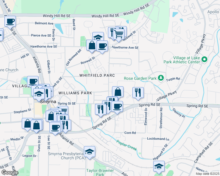 map of restaurants, bars, coffee shops, grocery stores, and more near 2761 Mathews Street in Smyrna