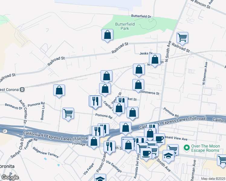 map of restaurants, bars, coffee shops, grocery stores, and more near in Corona