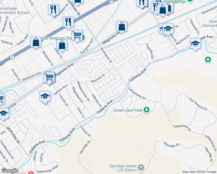 map of restaurants, bars, coffee shops, grocery stores, and more near Village Garden Mobile Home Park in Riverside