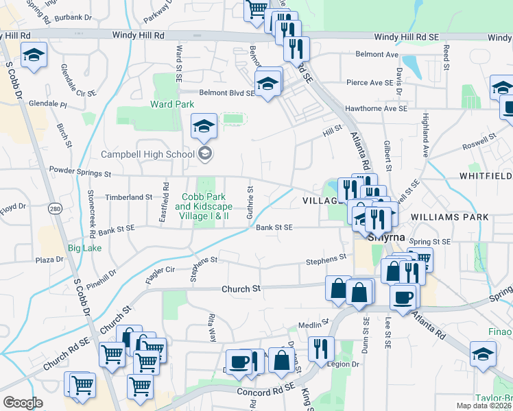 map of restaurants, bars, coffee shops, grocery stores, and more near 1079 Bank Street Southeast in Smyrna