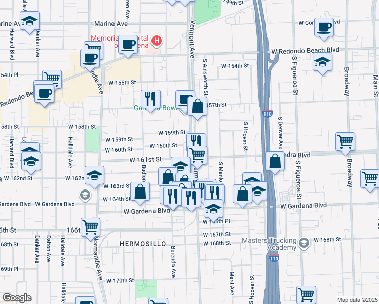 map of restaurants, bars, coffee shops, grocery stores, and more near 16001 South Vermont Avenue in Gardena