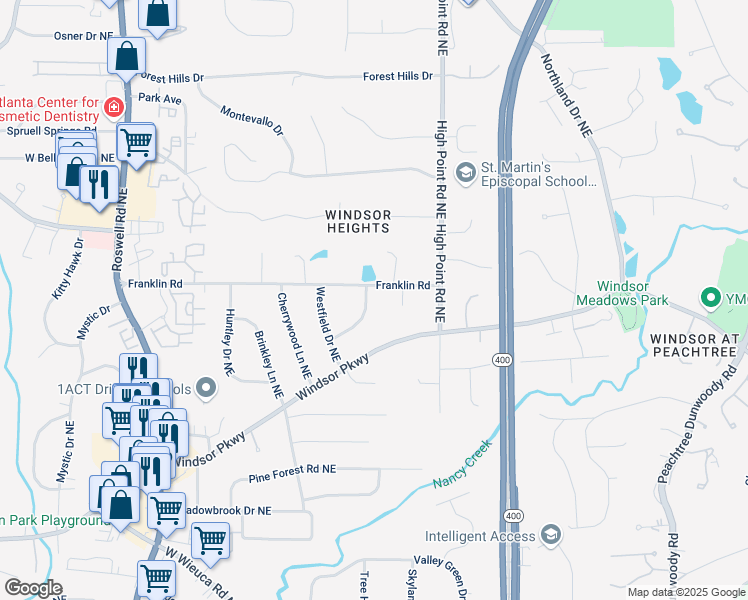 map of restaurants, bars, coffee shops, grocery stores, and more near 4895 Lansbury Drive Northeast in Atlanta