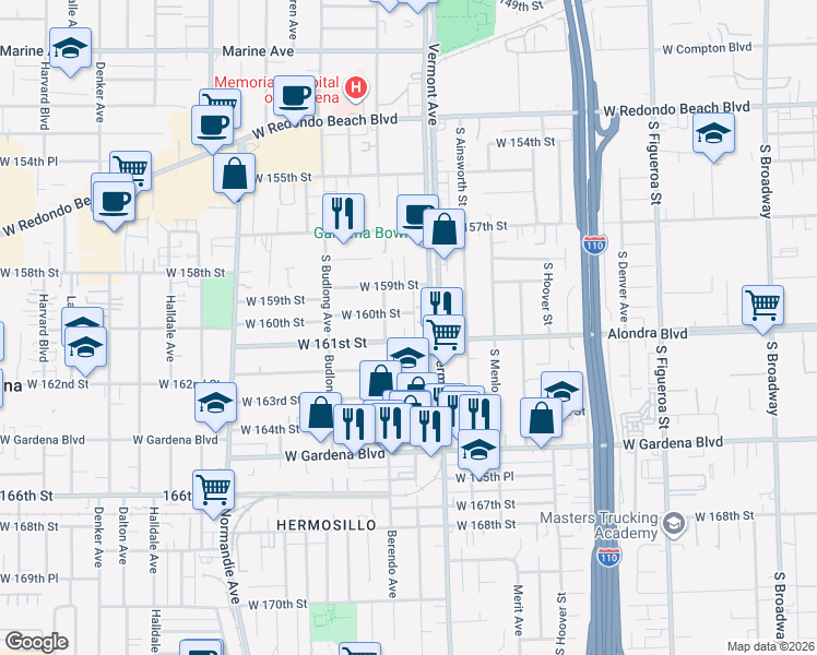 map of restaurants, bars, coffee shops, grocery stores, and more near 1021 West 161st Street in Gardena