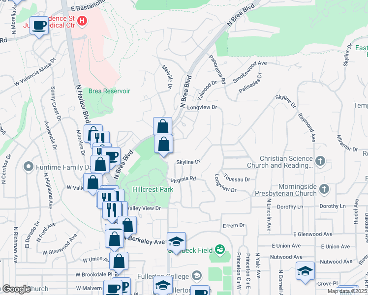 map of restaurants, bars, coffee shops, grocery stores, and more near 1349 Shadow Lane in Fullerton