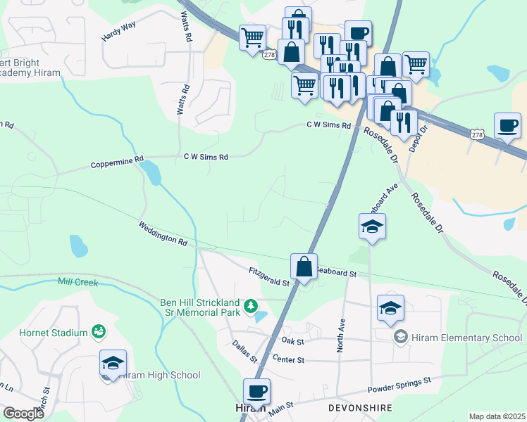 map of restaurants, bars, coffee shops, grocery stores, and more near 209 Denver Avenue in Hiram