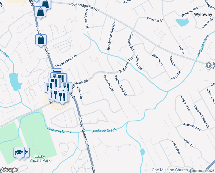 map of restaurants, bars, coffee shops, grocery stores, and more near 751 Oneta Drive Northwest in Norcross