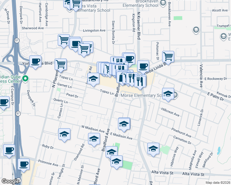 map of restaurants, bars, coffee shops, grocery stores, and more near 3373 Topaz Lane in Fullerton