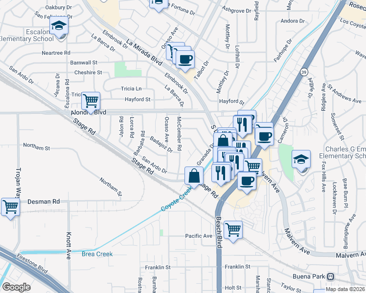 map of restaurants, bars, coffee shops, grocery stores, and more near 5152 McComber Road in Buena Park