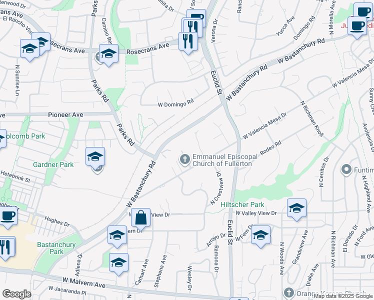 map of restaurants, bars, coffee shops, grocery stores, and more near 1220 West Bastanchury Place in Fullerton