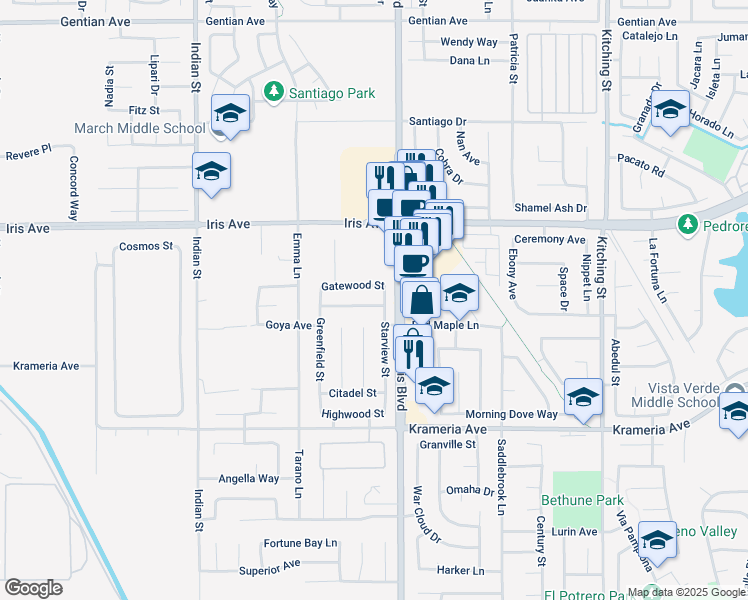 map of restaurants, bars, coffee shops, grocery stores, and more near 24914 Newgarden Street in Moreno Valley