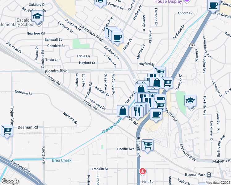 map of restaurants, bars, coffee shops, grocery stores, and more near 5152 McComber Road in Buena Park