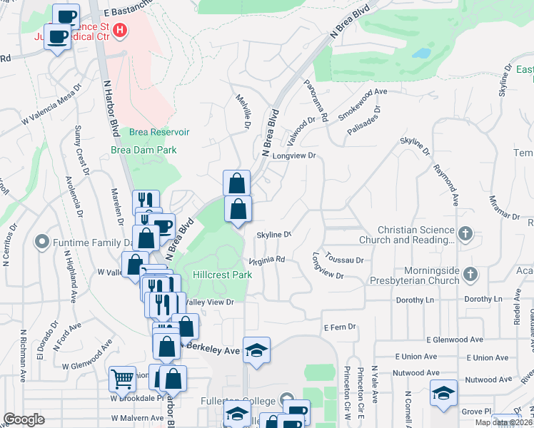 map of restaurants, bars, coffee shops, grocery stores, and more near 1400 Shadow Lane in Fullerton