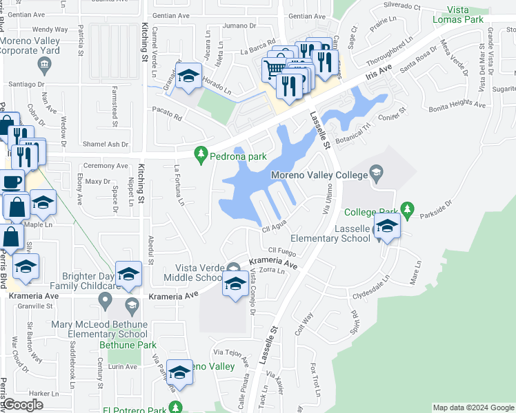 map of restaurants, bars, coffee shops, grocery stores, and more near 16145 Grande Isla Circle in Moreno Valley