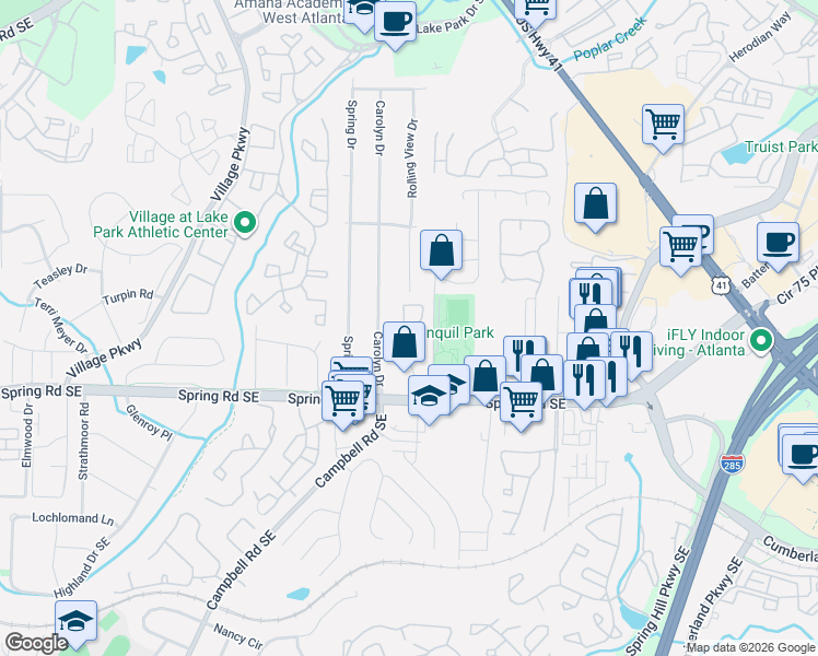 map of restaurants, bars, coffee shops, grocery stores, and more near 2391 Farmstead Circle in Smyrna