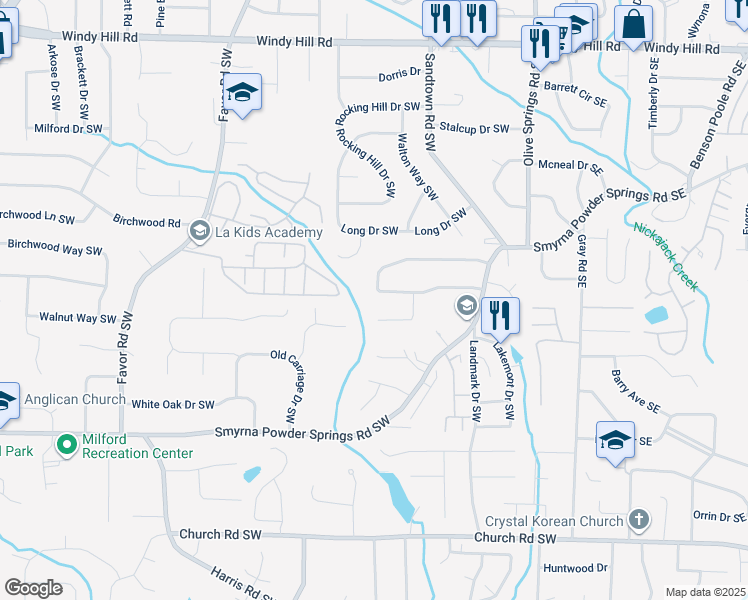 map of restaurants, bars, coffee shops, grocery stores, and more near 189 Timber Creek Lane Southwest in Marietta