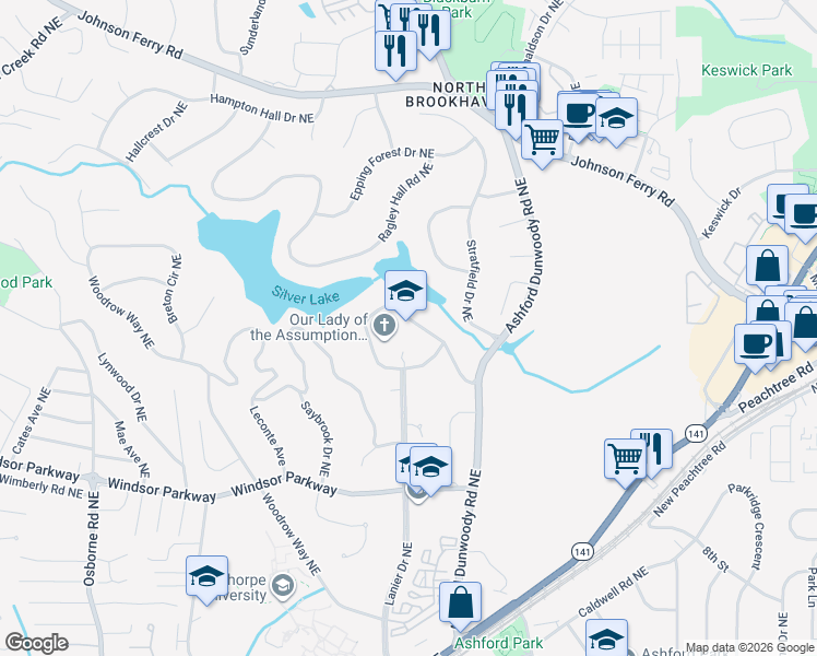 map of restaurants, bars, coffee shops, grocery stores, and more near 1406 Hearst Drive Northeast in Brookhaven