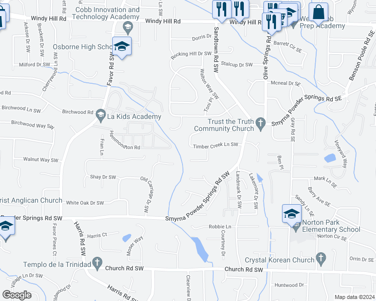 map of restaurants, bars, coffee shops, grocery stores, and more near 191 Timber Creek Lane Southwest in Marietta