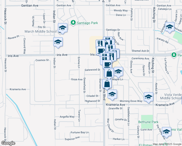 map of restaurants, bars, coffee shops, grocery stores, and more near 16221 Skywood Court in Moreno Valley