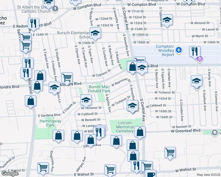 map of restaurants, bars, coffee shops, grocery stores, and more near 1012 South Aprilia Avenue in Compton