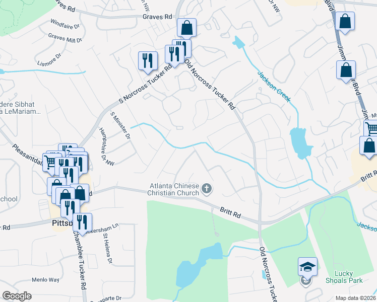 map of restaurants, bars, coffee shops, grocery stores, and more near 1068 Pointer Ridge in Tucker