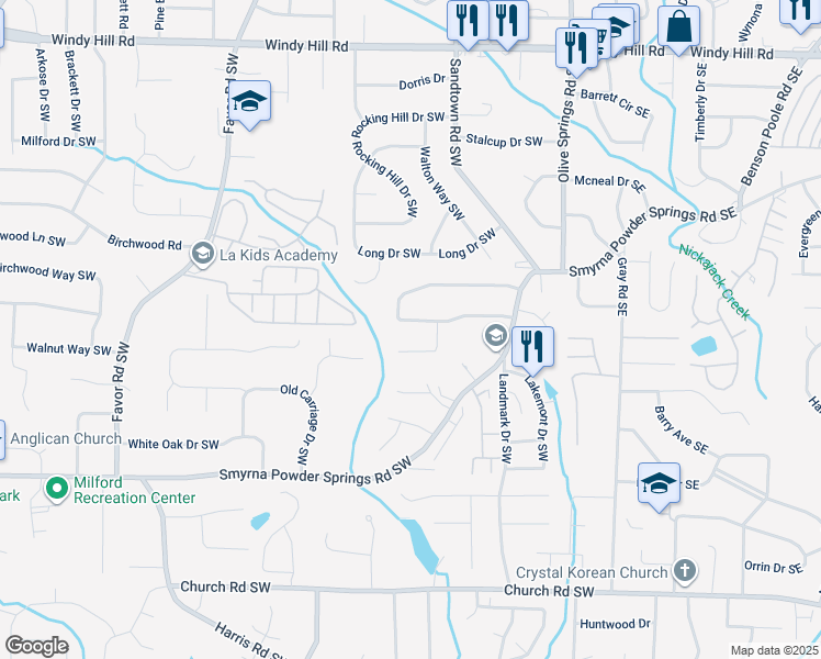 map of restaurants, bars, coffee shops, grocery stores, and more near 181 Timber Creek Lane Southwest in Marietta