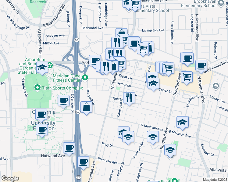map of restaurants, bars, coffee shops, grocery stores, and more near 1416 North Placentia Avenue in Fullerton