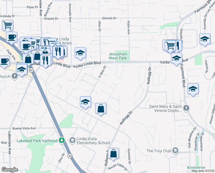 map of restaurants, bars, coffee shops, grocery stores, and more near 5245 Grandview Avenue in Yorba Linda