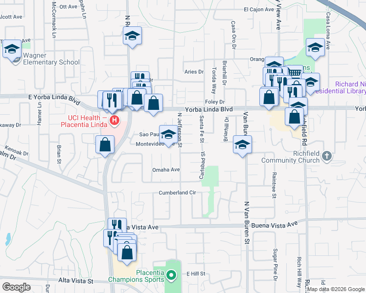 map of restaurants, bars, coffee shops, grocery stores, and more near 1250 North Jefferson Street in Placentia