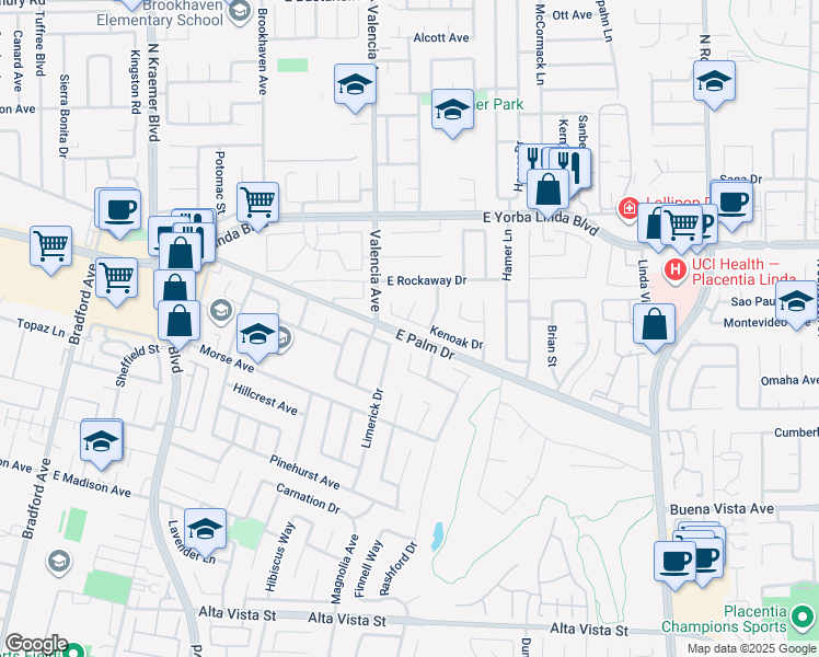 map of restaurants, bars, coffee shops, grocery stores, and more near 632 Kenoak Drive in Placentia